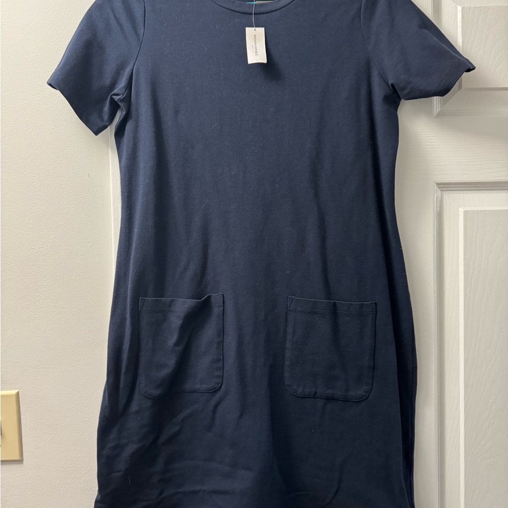 Navy Blue Short Sleeve Dress with Pockets